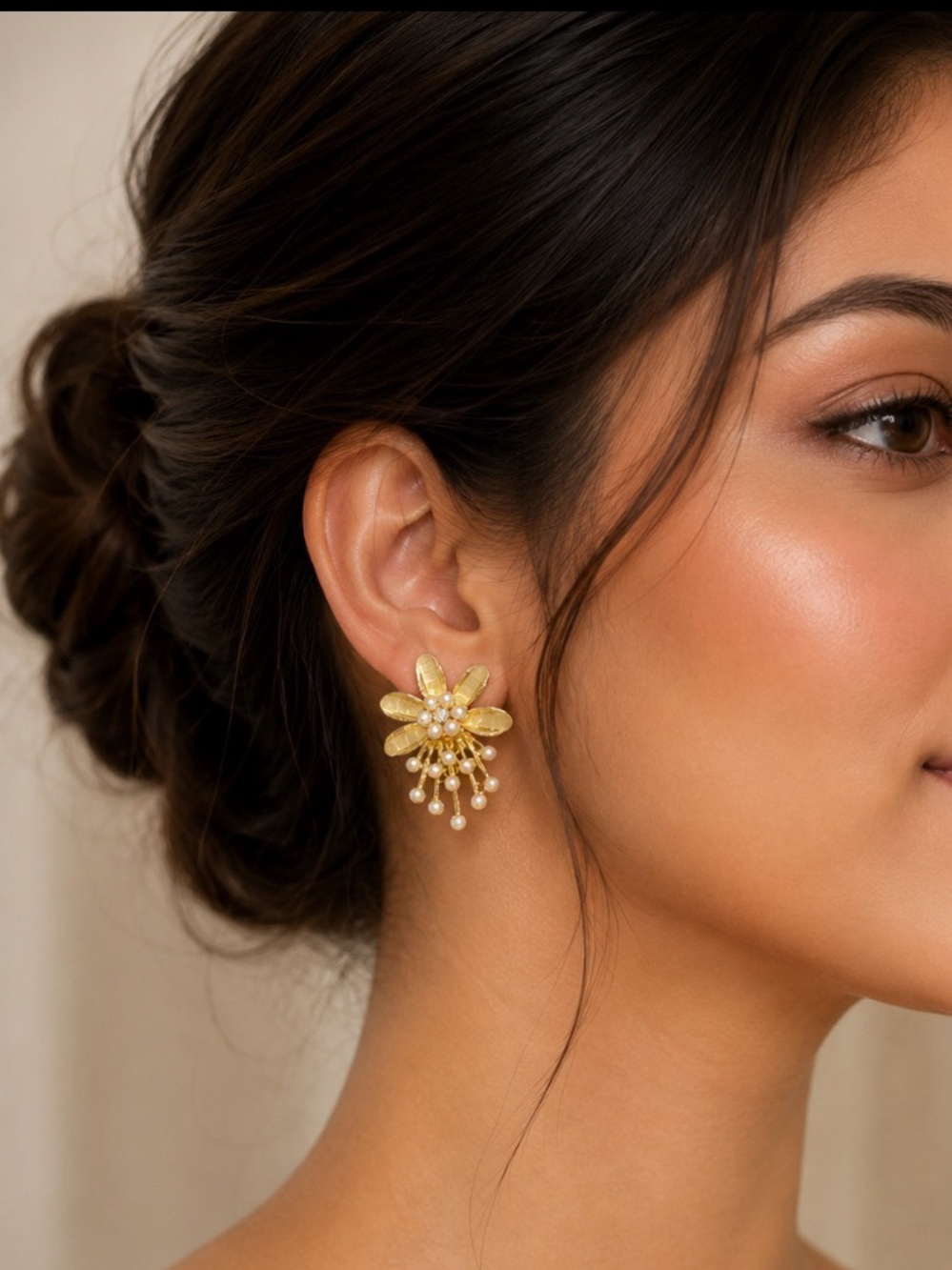 Gold Daisy Flower & Pearl Fringe Stud Earrings